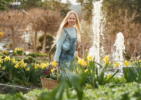 Ein Mädchen spaziert im Frühling mit einem Korb voller Blumen durch den blühenden Garten.